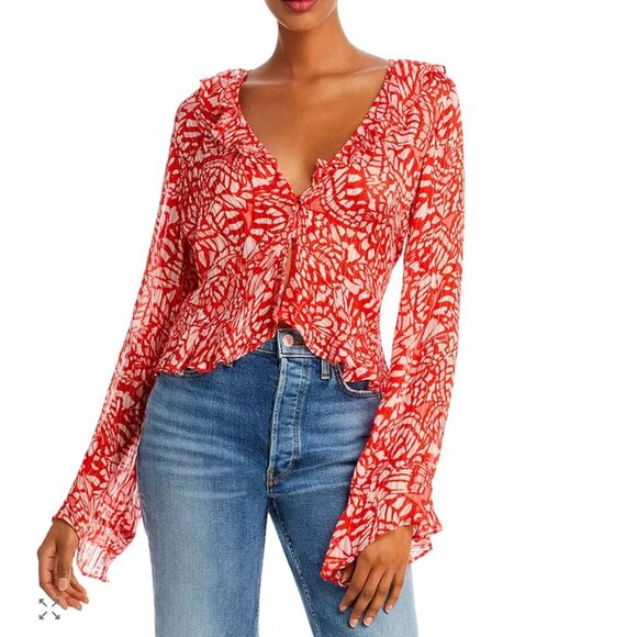 Ramy Brook Butterfly Print Alyson Button-Front Blouse Size XXL Red NEW $365 - Picture 1 of 8